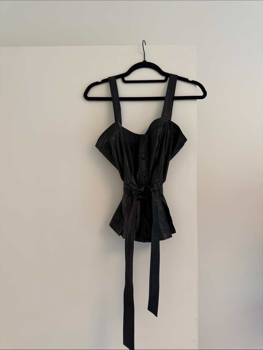 PAIGE Black Faux Leather Button-Up Corset Tank with Tie Waist